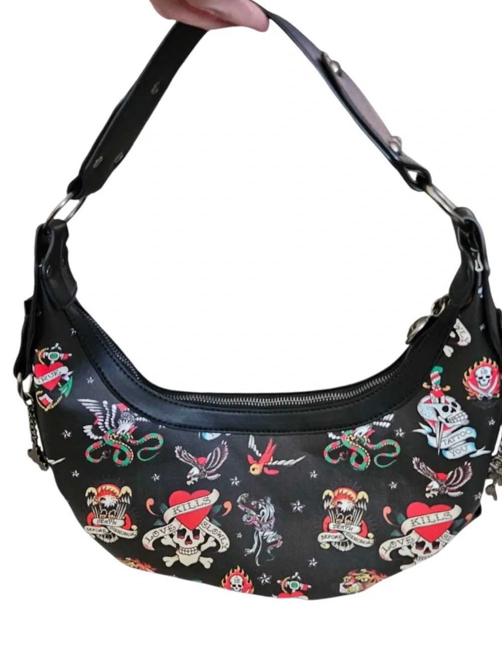 Ed Hardy Black Shoulder Bag with Red & White Skull Print
